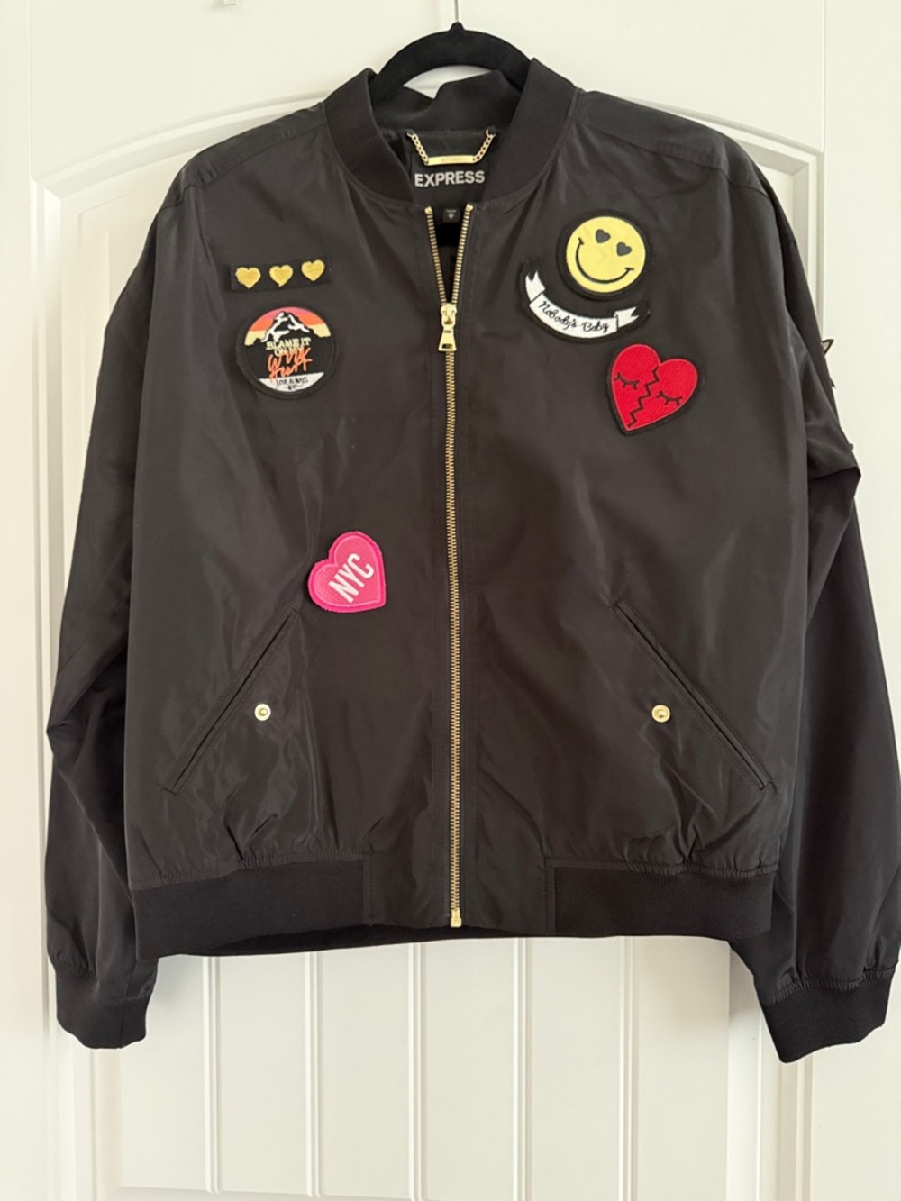Express Black Patchwork Bomber Jacket with Yellow & Pink Accents